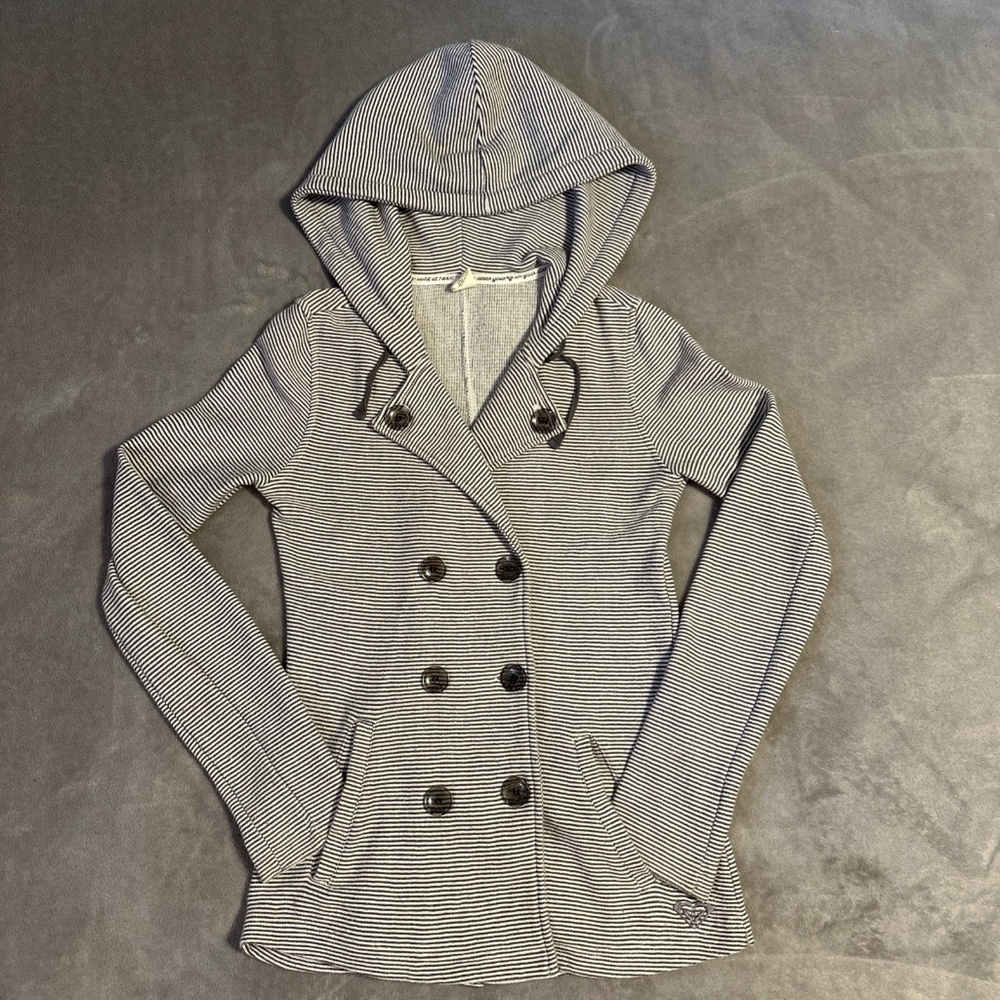 Roxy Striped Button Up Sweater Jacket Women's XS Gray Grey Y2K Cozy Fall Preppy